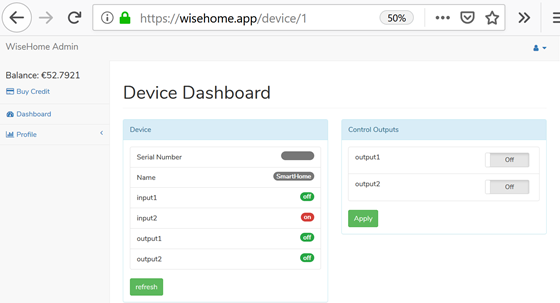 WiseHome.app device dashboard