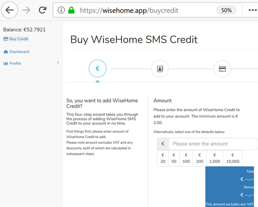 WiseHome buy sms credit