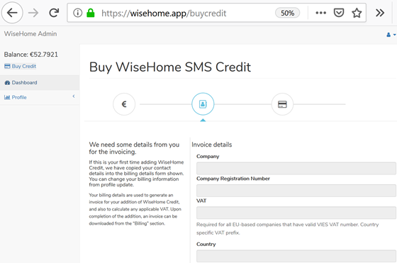 WiseHome buy sms credit invoice details