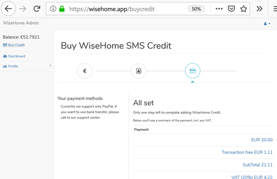WiseHome buy sms credit final details